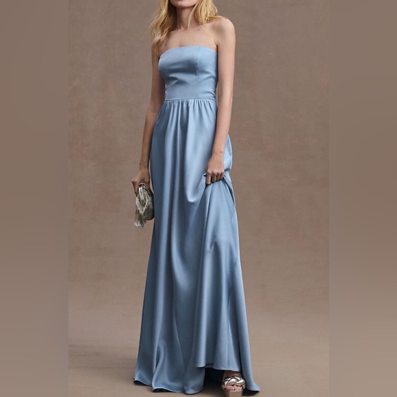 BHLDN Elsie Straight-Neck Satin A-Line Gown in blue size 2 - Picture 1 of 10